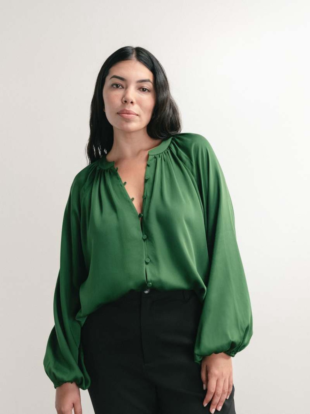 Darling Society Tencel Blouse S Sable Pine Green Button  Neck Balloon Sleeve